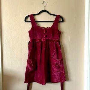 SO Red Velvet Wide Straps Tie Ribbon Waist Pockets Baby Doll Dress S